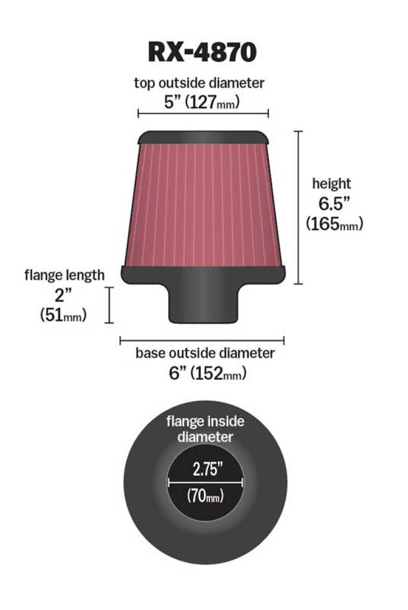 K&N Filter Universal X Stream Clamp-On 2 3/4 inch Flange 6 inch Base 5 inch Top 6 1/2 inch Height