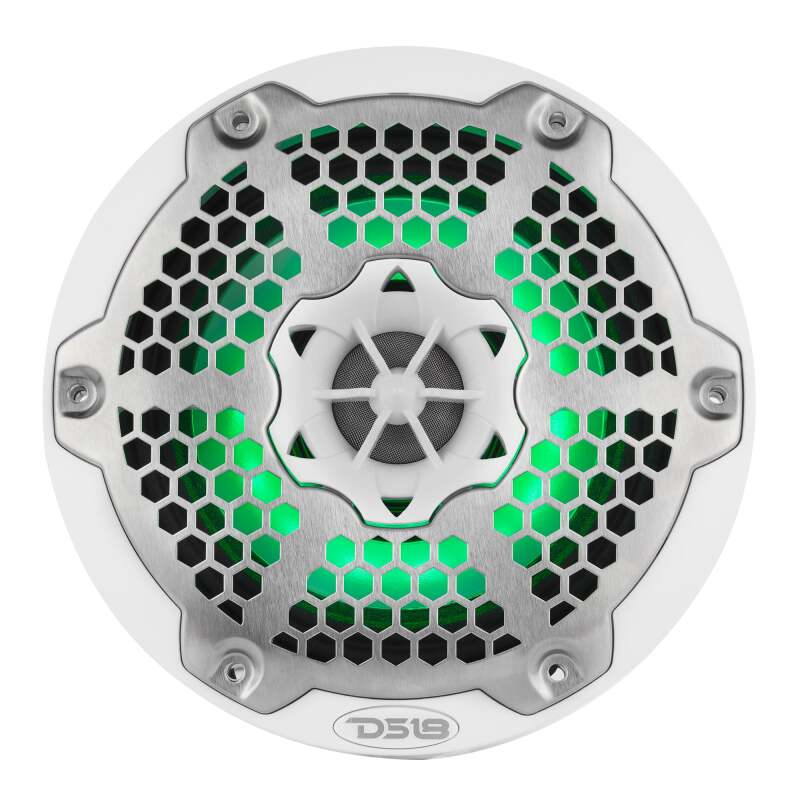 DS18 Hybrid Marine Speaker w/ Driver And RGB LEDs 6.5in 2-Way 250 Watts RMS 4 ohm White w/ Covers