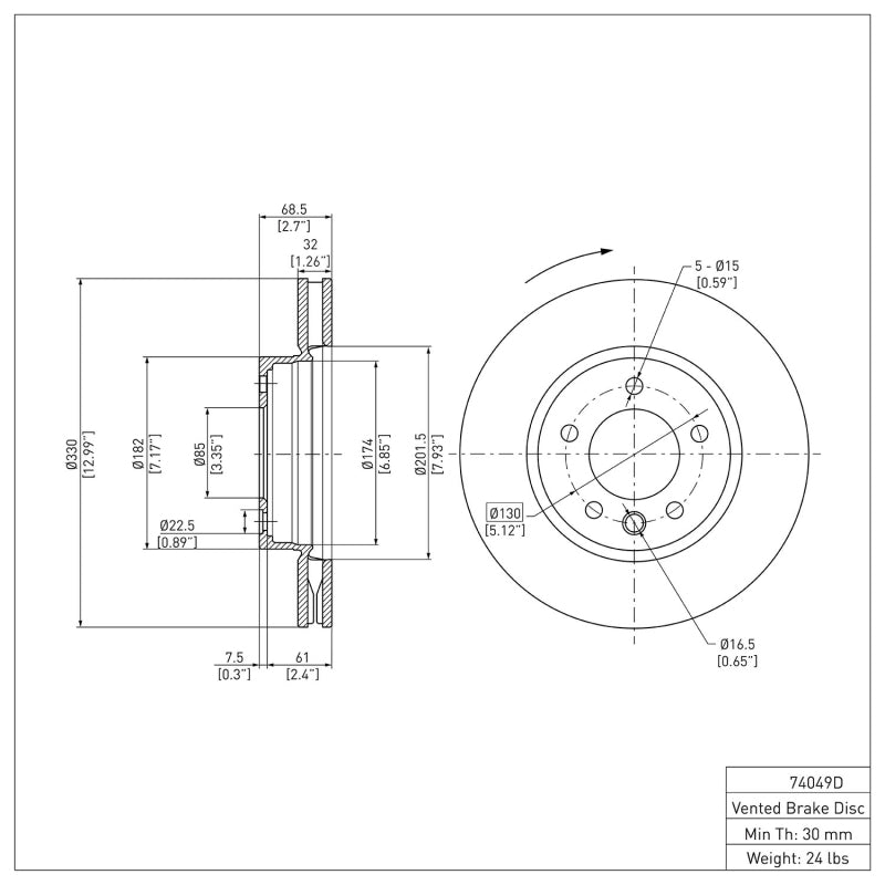 R1 03-18 Porsche Cayenne Right Front Brake Rotor