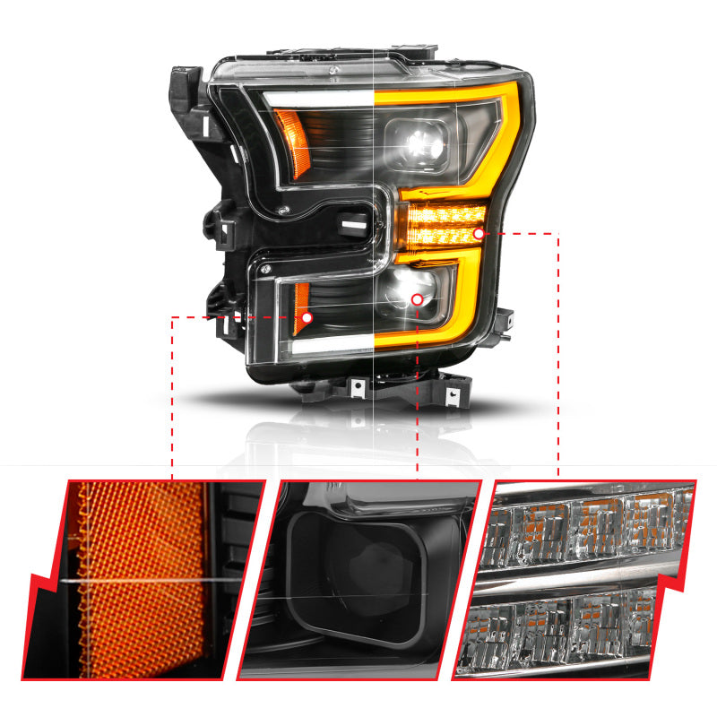 ANZO 15-17 Ford F-150 (Factory Halogen Model ONLY) Full LED Proj Headlights Init/SeqSig Black- Pair