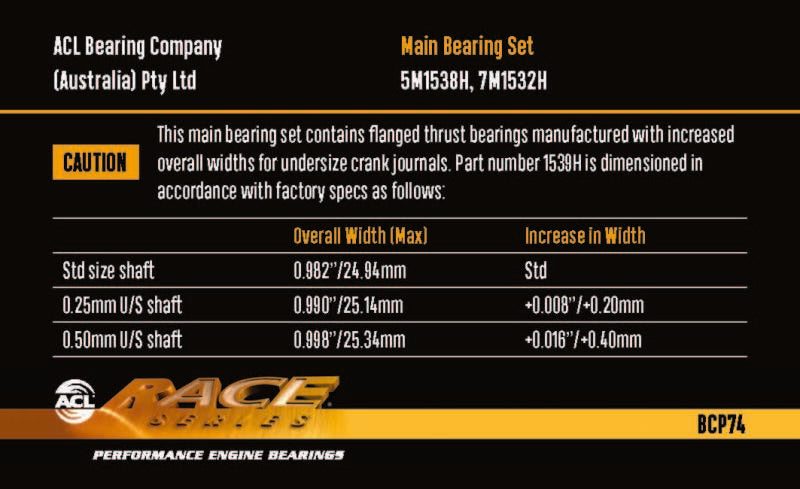 ACL BMW M20/M50/M52/M54 - 1919CC 80.0mm Bore 66.0mm Stroke .025 Oversized Main Bearing Set