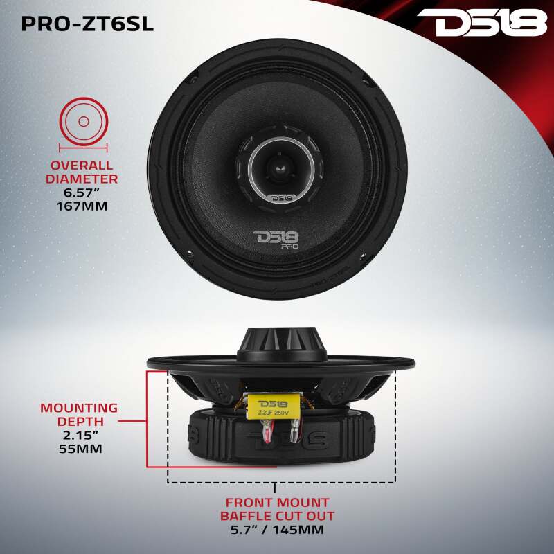 DS18 6.5in 200 Watts RMS 4 ohm Mid-Range Water Resistant Cone Shallow Loudspeaker