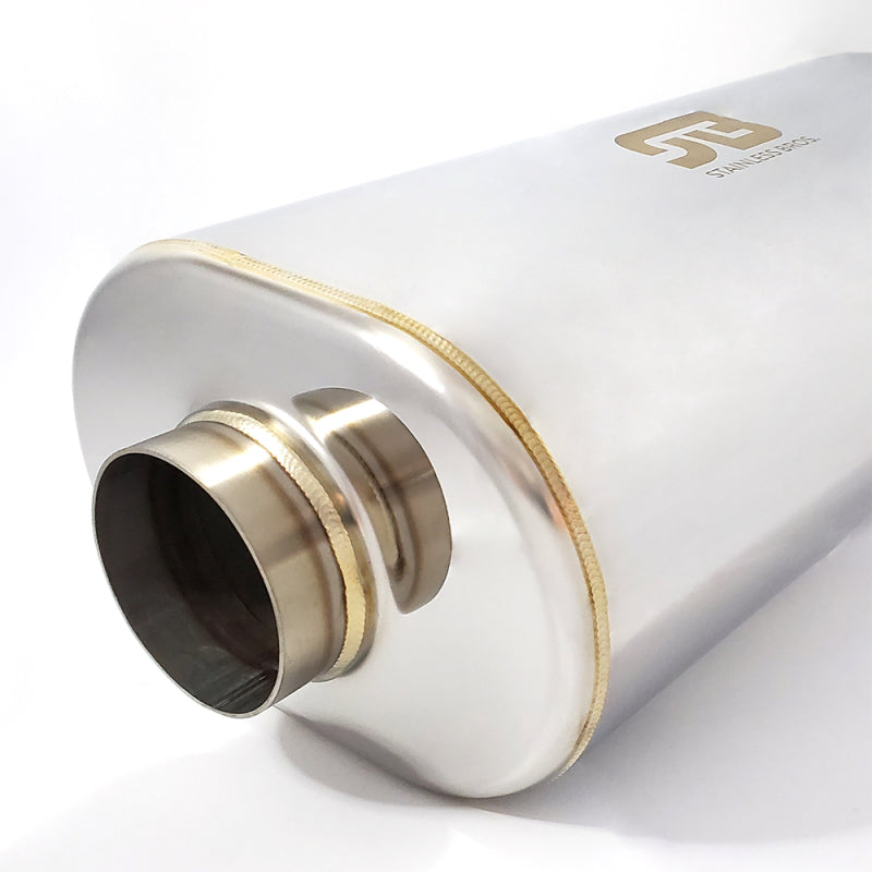 Stainless Bros 2.5in x 14in OAL SS304 Oval Muffler (2.5in Center In/2.5in Center Out) - Polish