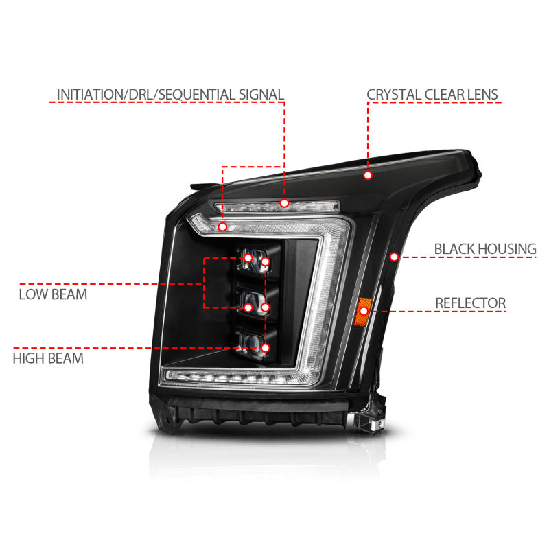 ANZO 15-20 GMC Yukon (Incl XL - Factory Halogen Models) Full LED Proj Headlights Black - Driver Side