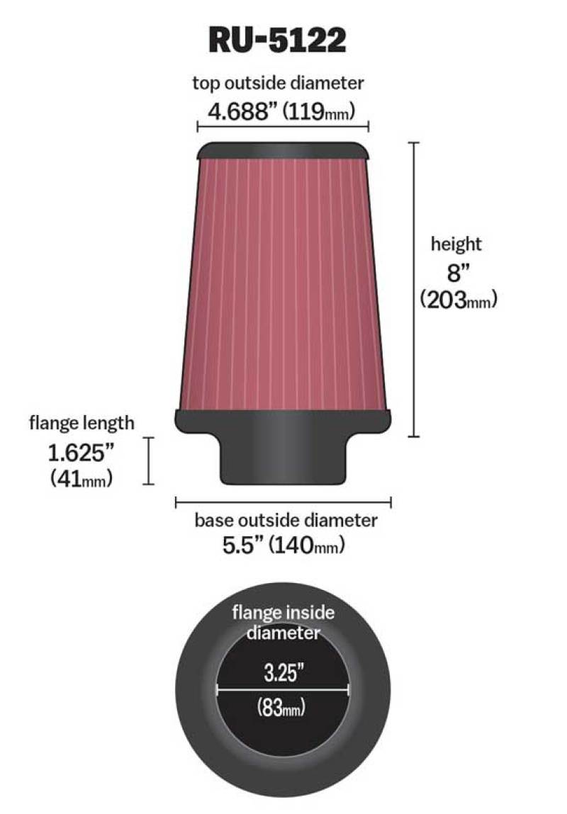 K&N Filter Universal Rubber Filter 3.25 Flange 5.5 Base 4.6875 Top 8 Height