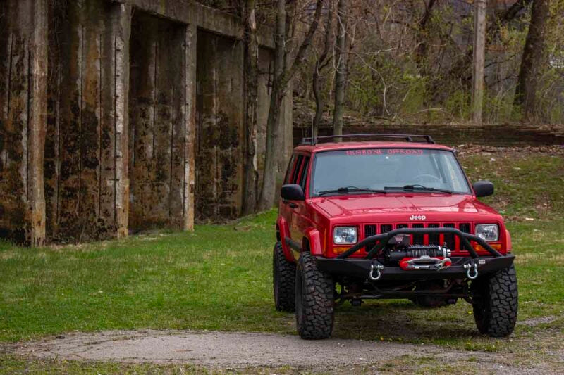 Fishbone Offroad Cherokee XJ Front Winch Bumper W/Grille Guard Bullhead Steel - Blk Txtrd Pwdrcoat