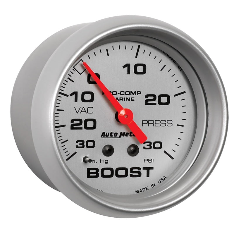 AutoMeter Marine Vac/Boost Gauge 2 5/8in 30INHG 30PSI Mechanical- Silver