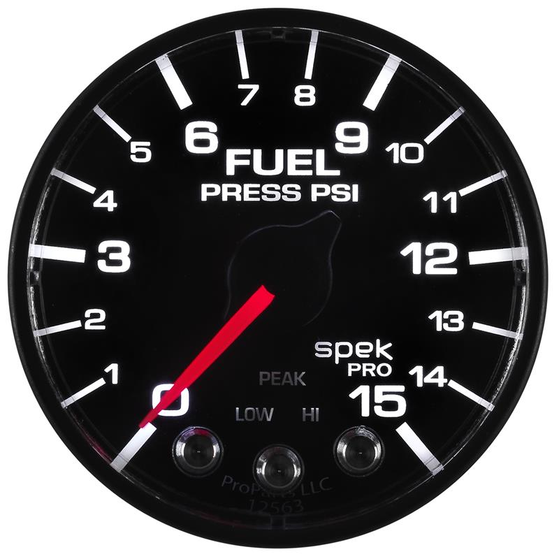 Autometer Spek-Pro Gauge Fuel Press 2 1/16in 15psi Stepper Motor W/Peak & Warn Blk/Blk
