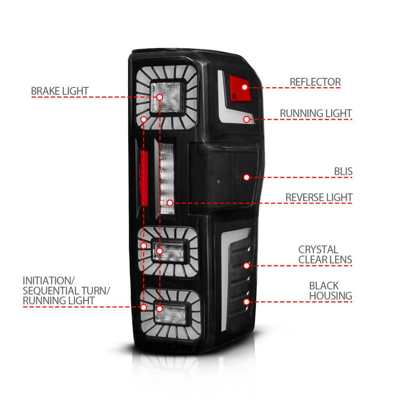 ANZO 23-26 Ford Super Duty LED Tail Light Seq Signal- Black Full- Pair