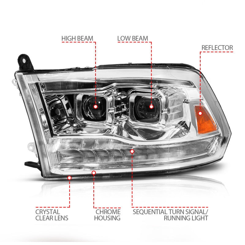 ANZO 09-19 Dodge RAM 1500 / 10-18 2500/3500 LED Proj Headlights SeqSig Chrome - Pair