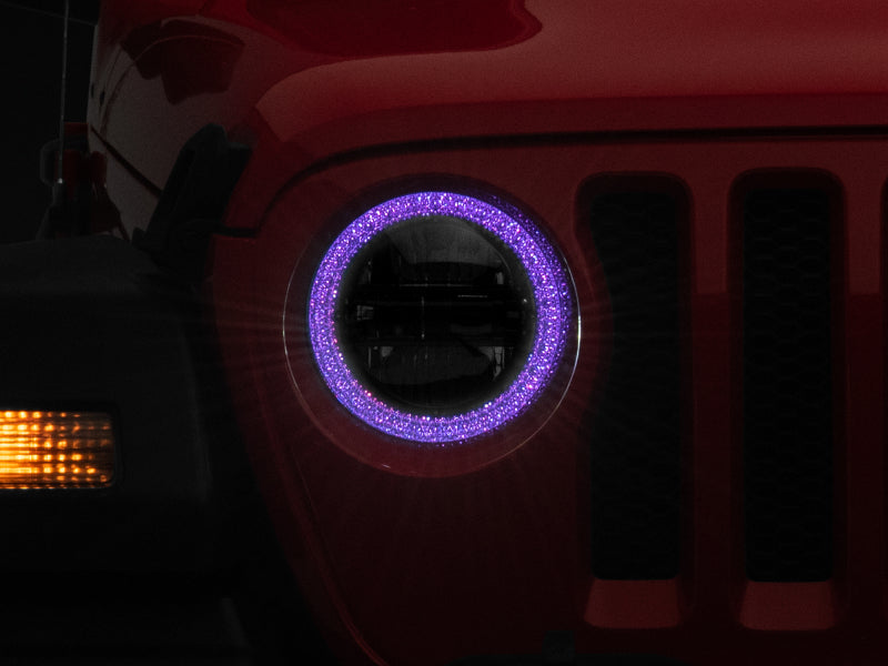 Raxiom 18-22 Jeep Wrangler JL/JT Axial 9-Inch LED Headlights w/RGB Halo- Black Housing (Clear Lens)