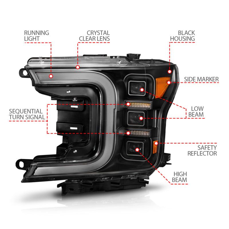 ANZO 18-20 Ford F-150 Full Led Projector Light Bar Headlights Black Amber