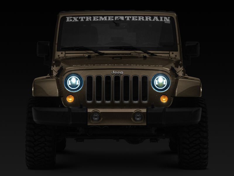 Raxiom 97-18 Jeep Wrangler TJ/JK Axial 7-Inch LED Headlights w/RGB Halo- Black Housing (Clear Lens)