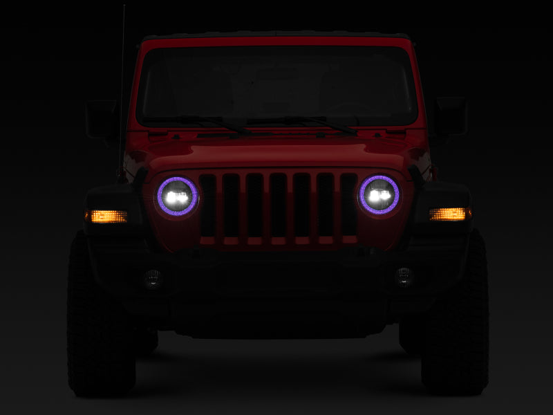Raxiom 18-22 Jeep Wrangler JL/JT Axial 9-Inch LED Headlights w/RGB Halo- Black Housing (Clear Lens)