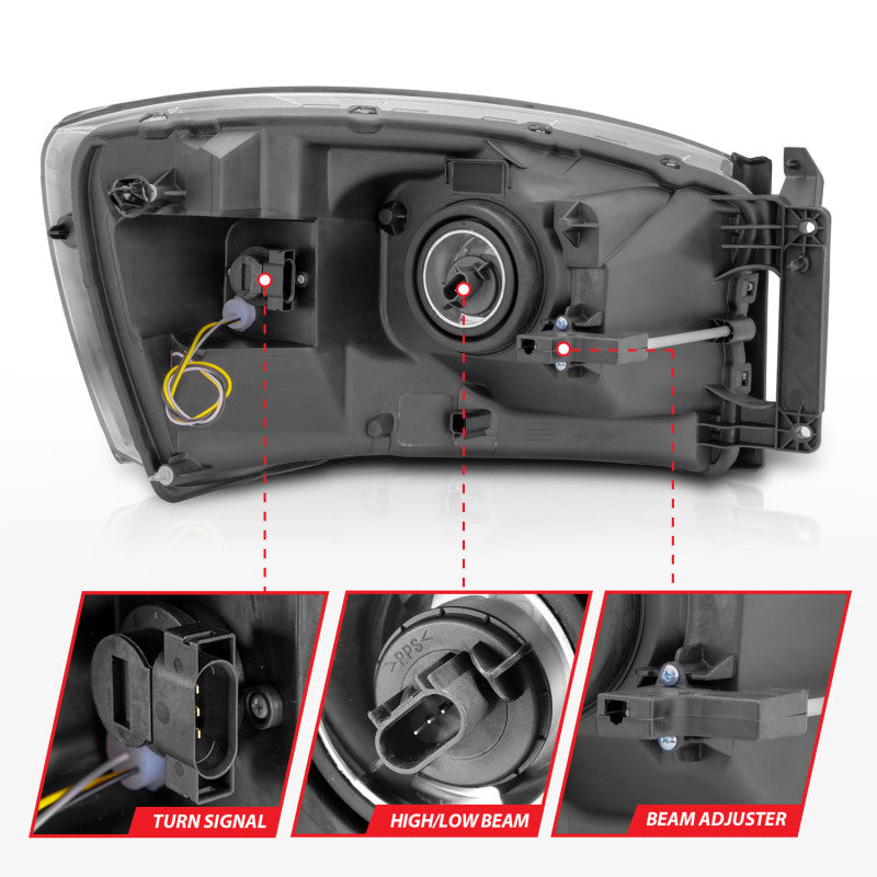ANZO 06-09 Dodge RAM 1500/2500/3500 Headlights Chrome Housing/Clear Lens (w/Switchback Light Bars)