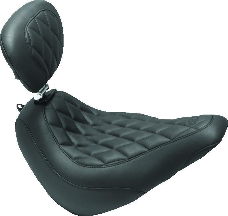 Mustang 18-21 Harley Softail Slim Wide Tripper Solo Seat w/Driver Backrest Diamond Stitch - Black