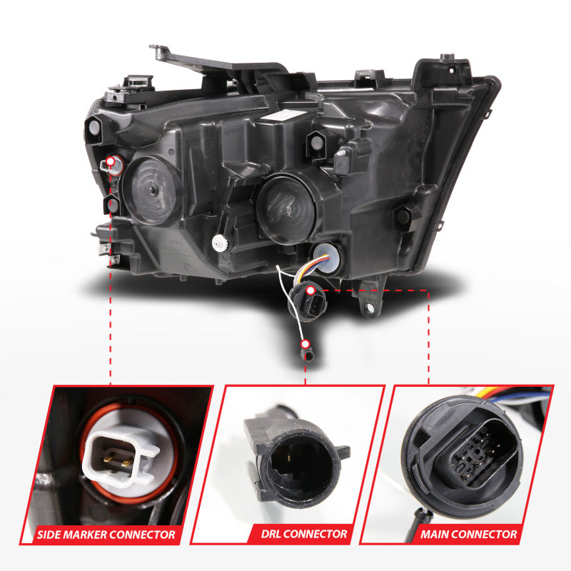 ANZO 19-24 RAM 1500 (New Body/OE Halogen) Full LED Proj Headlights DRL/SeqSig Black - Driver Side