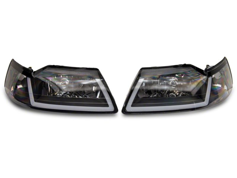 Raxiom 99-04 Ford Mustang Axial Series Headlights w/ Sequential LED Bar- Black Housing (Clear Lens)
