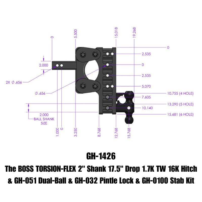 Gen-Y The Boss Torsion-Flex 2in Shank 17.5in Drop 16K Hitch w/GH-051 Dual-Ball/Pintle Lock/Stab Kit