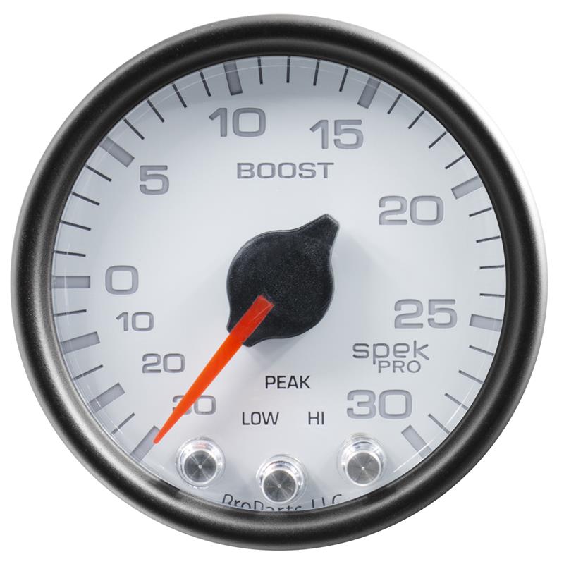 Autometer Spek-Pro Gauge Vac/Boost 2 1/16in 30Inhg-30psi Stepper Motor W/Peak & Warn White/Black
