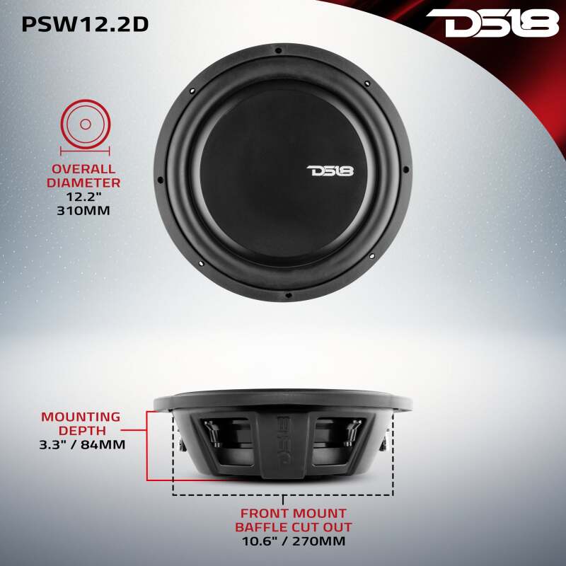 DS18 12in 600 Watts RMS 2 ohm DVC Shallow Mount Water Resistant Subwoofer