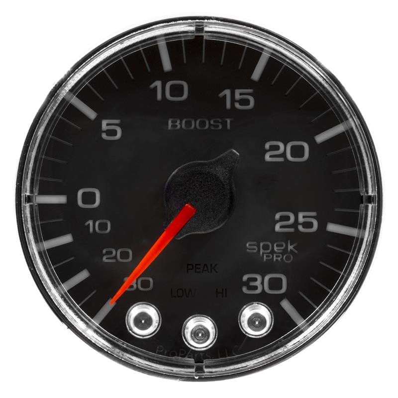 Autometer Spek-Pro Gauge Vac/Boost 2 1/16in 30Inhg-30psi Stepper Motor W/Peak & Warn Black/Chrome