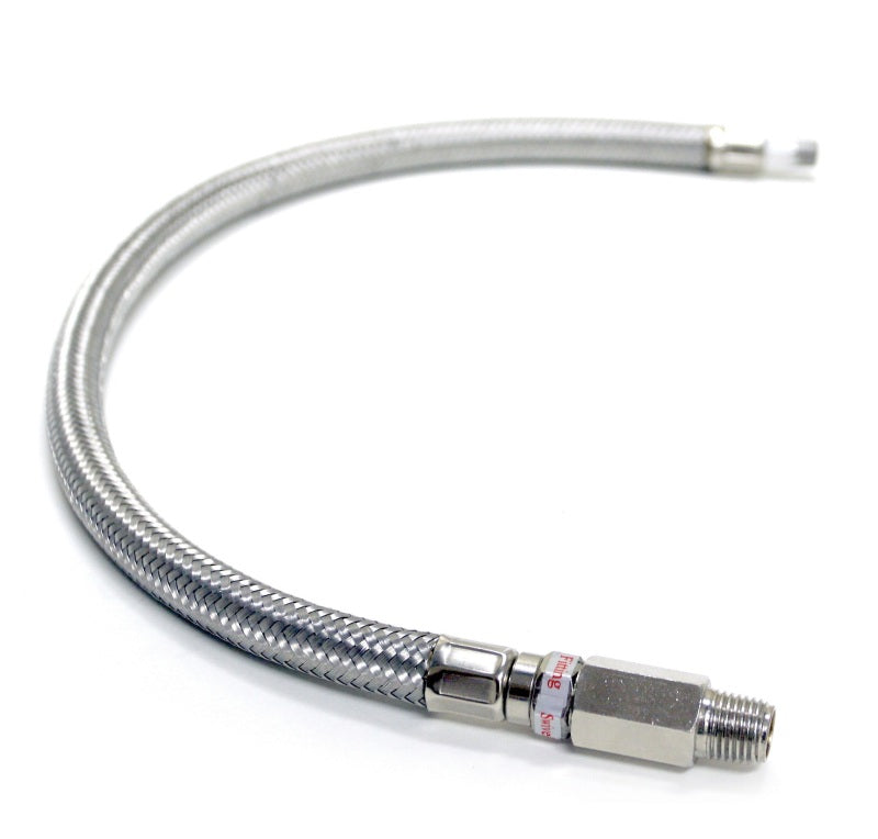 Kleinn 18In Stainless Steel Braided Leader Hose w/ Check Valve-1/8In M NPT Inlet/ 1/4In M NPT Outlet